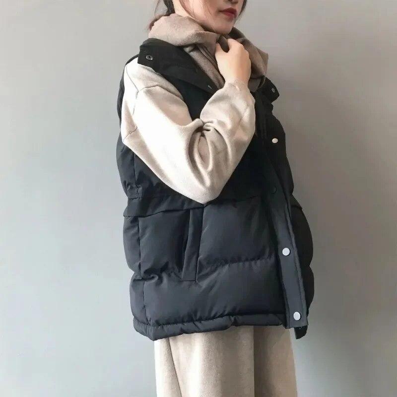 Off White Down Cotton Vest Women's Short Standing Collar Sleeveless Warm Coat Loose Solid Color Simple Casual Commuting Autumn Winter