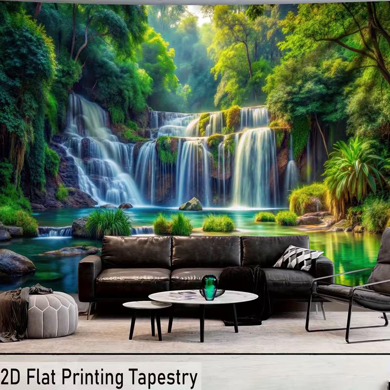 Tropical Forest Waterfall Tapestry Wall Art, Natural Green Scenery Hanging Cloth for Home & Dorm Decoration