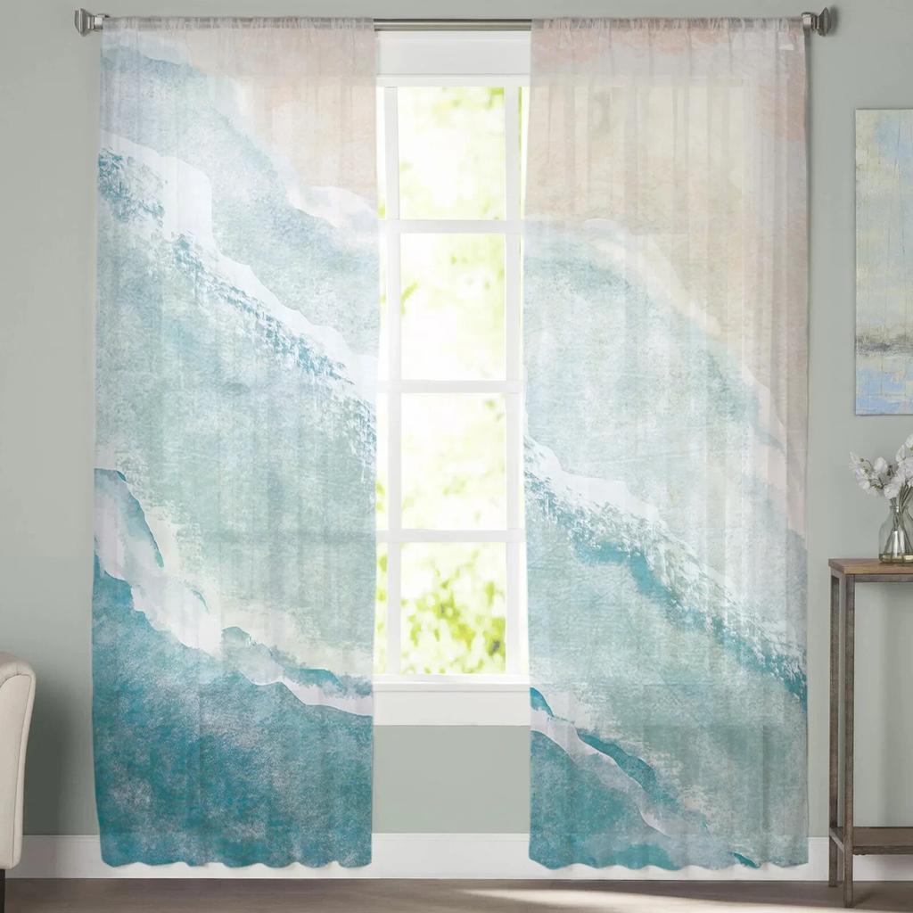 Sea Beach Gradual Blue Khaki Voile Curtains Living Room Window Chiffon Tulle Curtain Kitchen Bedroom Drapes Home Decor Sheer Made Of Polyester Great