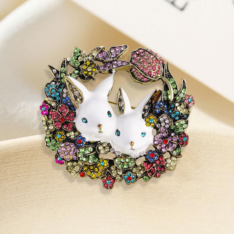 Large Easter Bunny Wreath Brooch Flower Rabbit Vintage Inspired Jewellery Gift