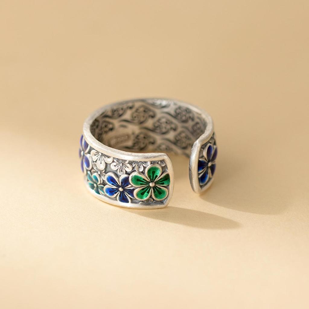 Neuer Chinesischer Ethno-Stil Personalisierter Offener Blumenring Emaille Bunt Vintage Schwere Industrie Verstellbarer Ring Lässig Alltag Zierlicher Minimalistischer Ring
