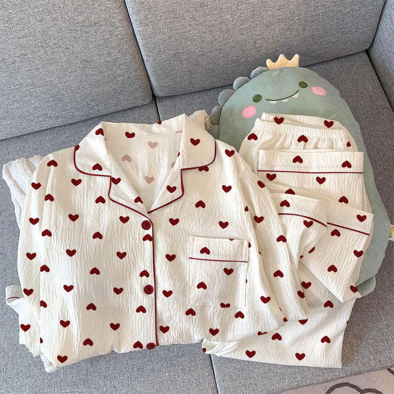 Spring and Autumn Women's Pajamas Loungewear Set Girl Love Cardigan Pajamas Crinkled Fabric Loungewear Long Sleeve Set