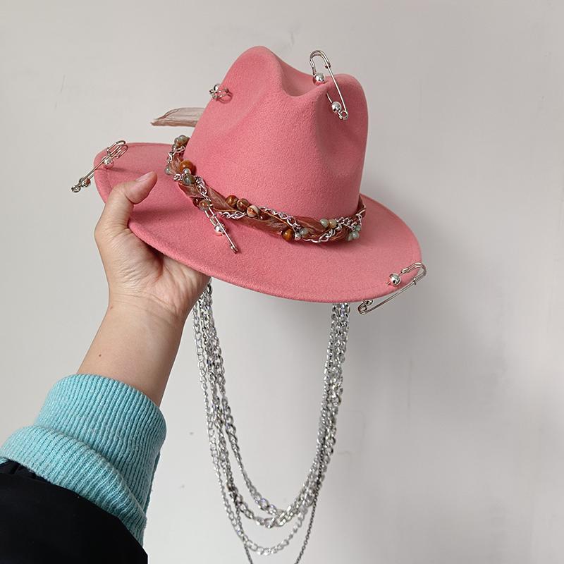Chain Punk Straw Hat 2023 New Sun Hat Gold Chain Accessories Jazz Hip Hop Summer Hat Punk Style Beach Hat Church Hat