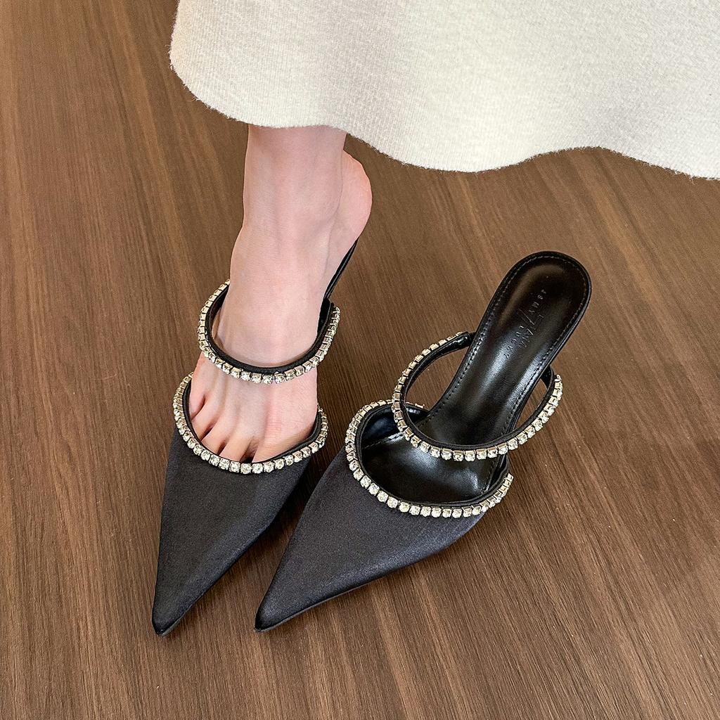 So beautiful! Rhinestone word shallow mouth high heels women's spring pointed head thin heel half slippers women show long legs