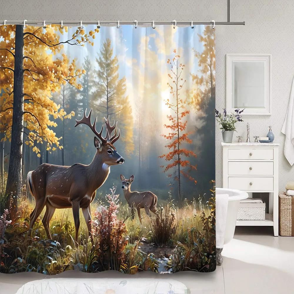 Deer Shower Curtain Deep Forest Autumn Nature Landscape Animal Thanksgiving Polyester Shower Curtains Bathroom Decor with Hook