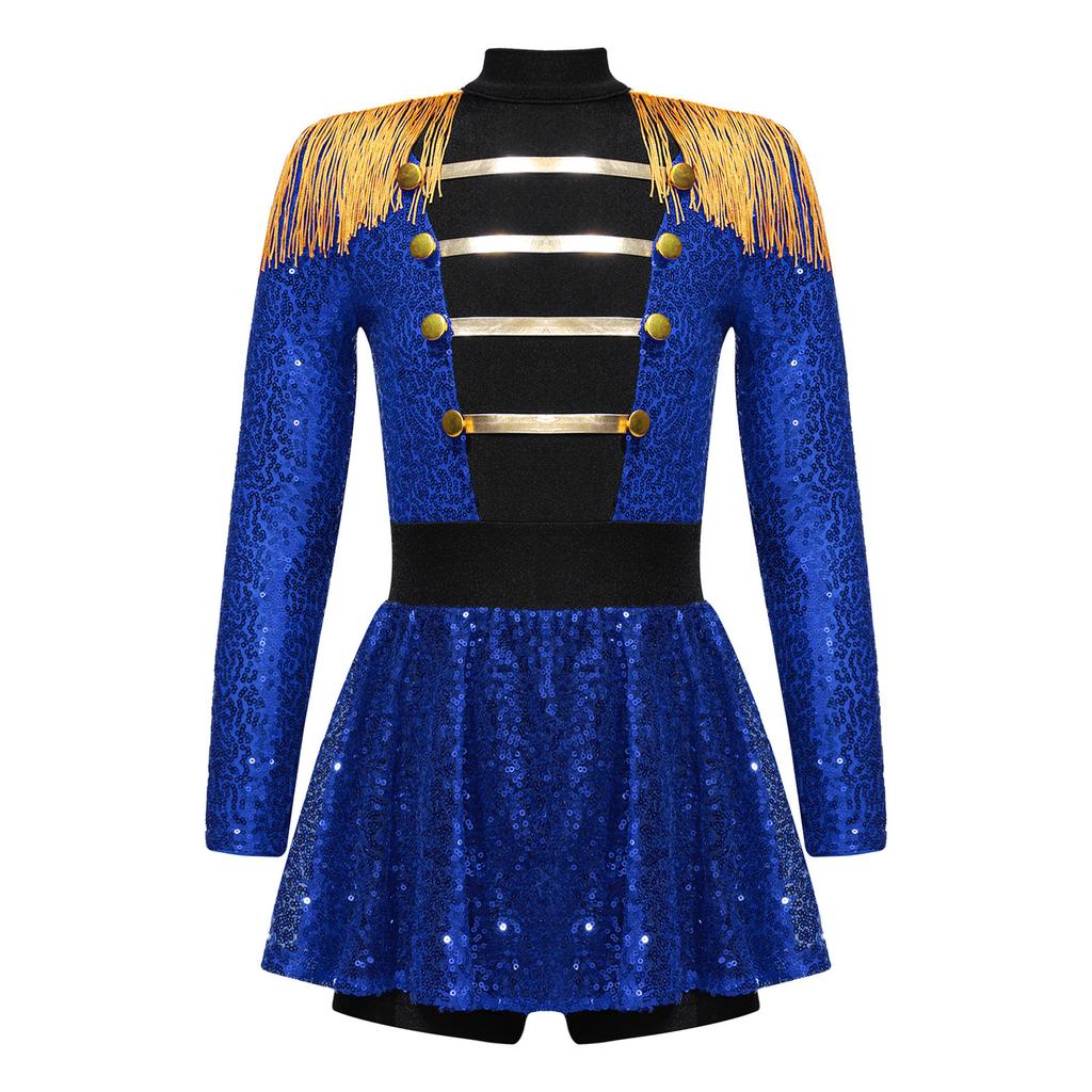 Girls Circus Dance Costume Ringmaster Dress Long Sleeve Shiny Sequins Tassel Jumpsuit