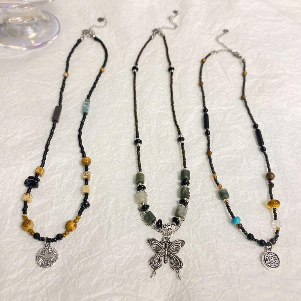 Wood Crystal Metal New Chinese Necklace Jewelry Retro Butterfly Pendant Gifts Vintage Black Rope for Punk Collier Hippie Unisex