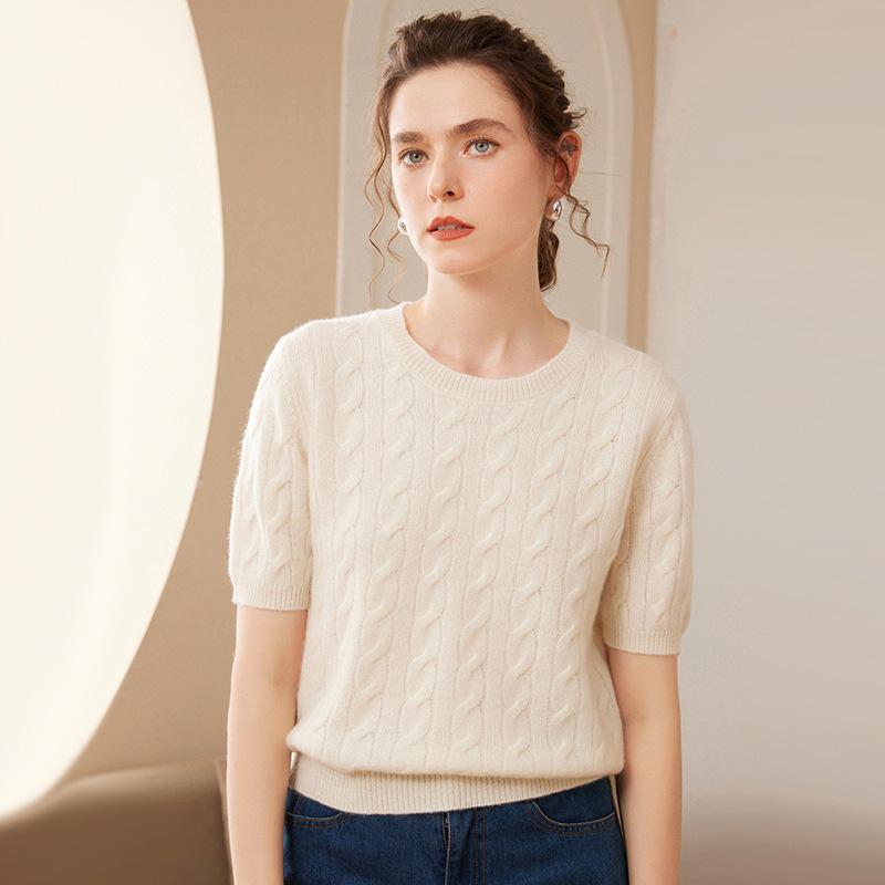 Damen Pullover Gelb Zopfmuster Kaschmir Kurzarm - Herbst/Winter Rundhals