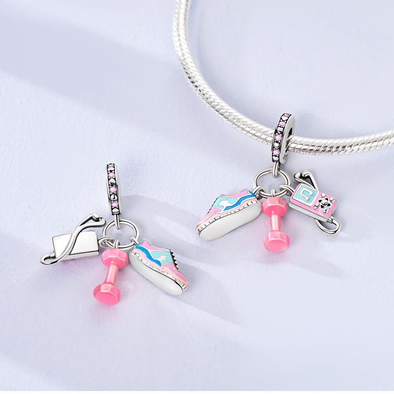 Pink Series Beads Copper Bear Love Bike Dance Shoe Charms Fit Original Bangle Bracelet Pendants Diy Jewelry Gift For Women