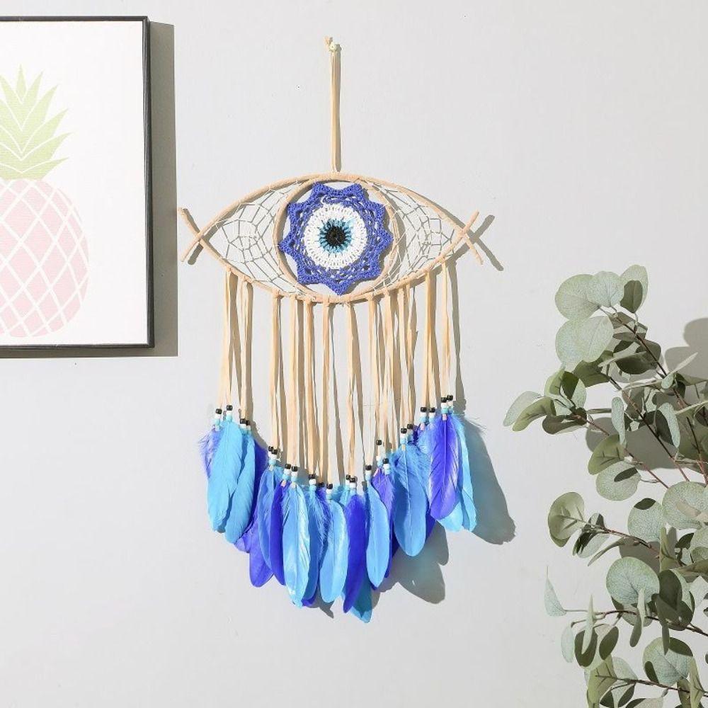 Wandkunst Handgefertigter Traumfänger Kreativ Lustiger Böser Blick Anhänger Blaue Feder Makramee Wandbehang Schlafzimmer