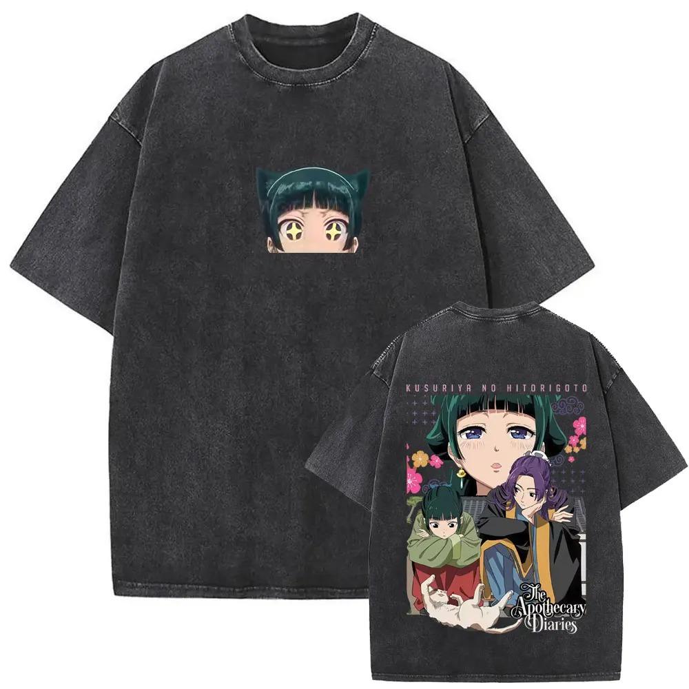 Retro Washed Black The Apothecary Diaries Cute Chibi Maomao Four-Panel Expressions Anime Oversized Casual Cotton T-Shirt
