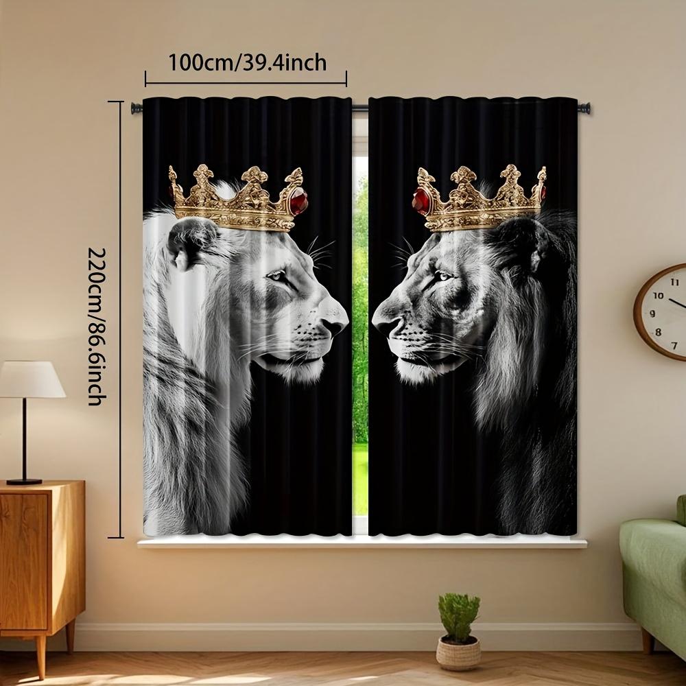 2pcs Crown Tiger Lion Style Door Curtains - High-Quality Polyester, Machine Washable, Rod Pocket Easy Install, Semi-Translucent