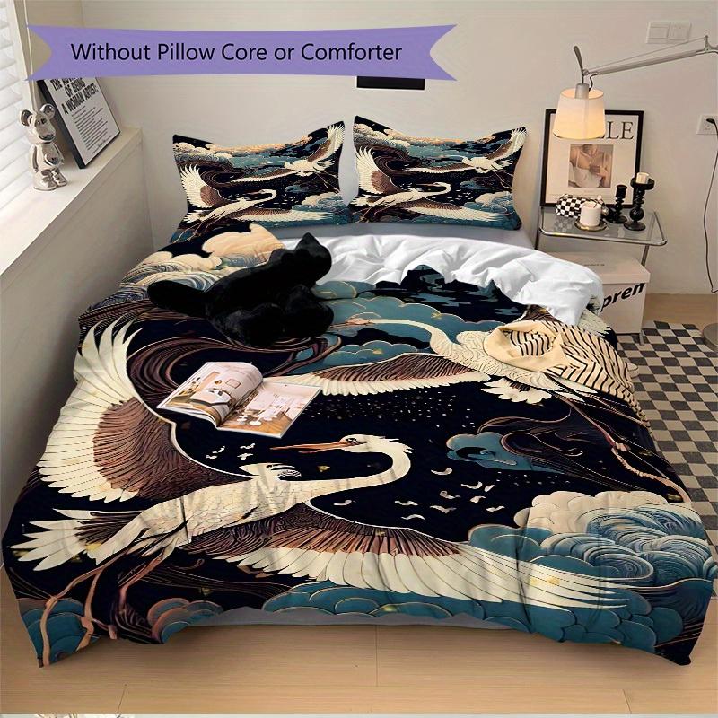 3pcs Chinese Style Cranes Clouds 1Cover + 2Pillowcases, PillowInserts NotIncluded, Machine Washable, All - Season Use, Suitable for Bedroom Guest Room
