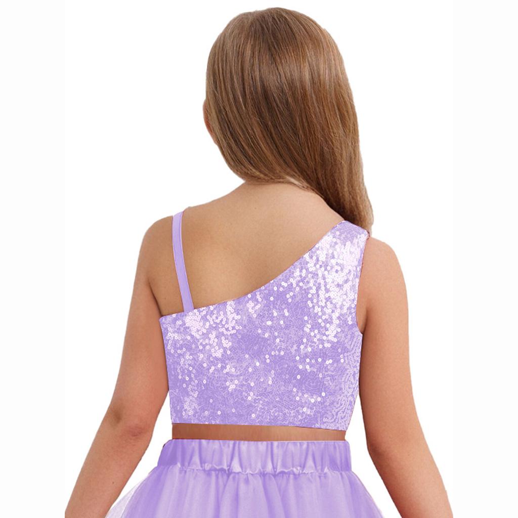 Girls Solid Color Spaghetti Strap Sleeveless Off Shoulder Sparkly Sequin Tops Banquet Wedding Celebration Top