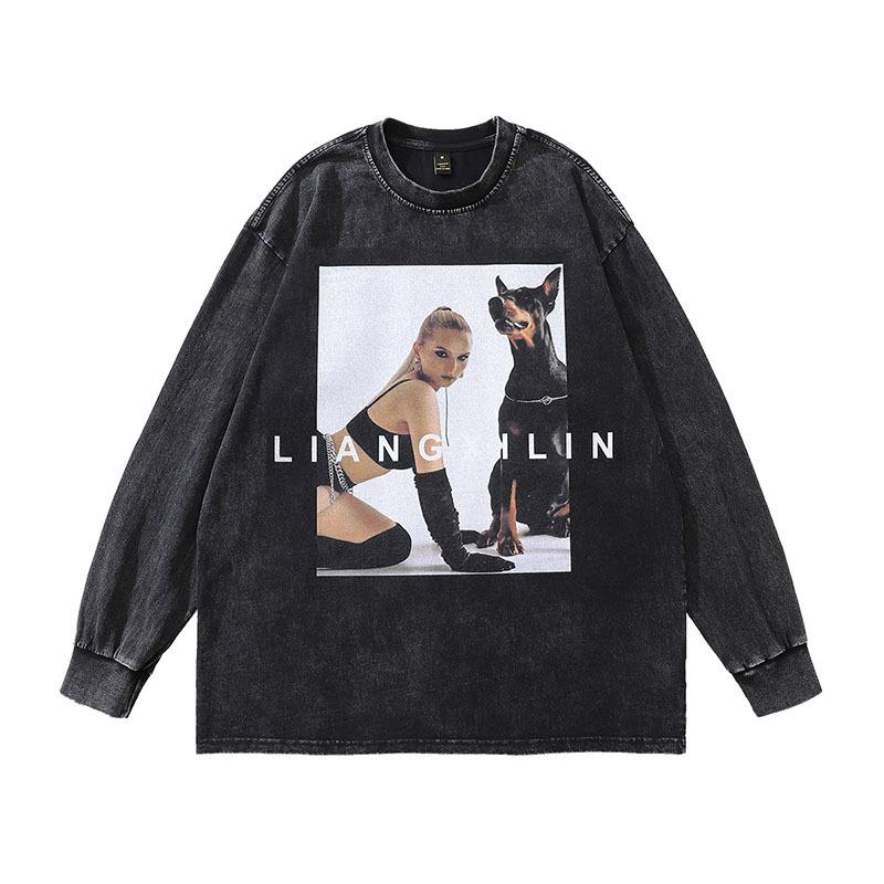 American High Street Doberman Printed Washed Old Short Sleeve T-Shirt Men'S And Women'S Oversize Vintage Half Sleeve Tee