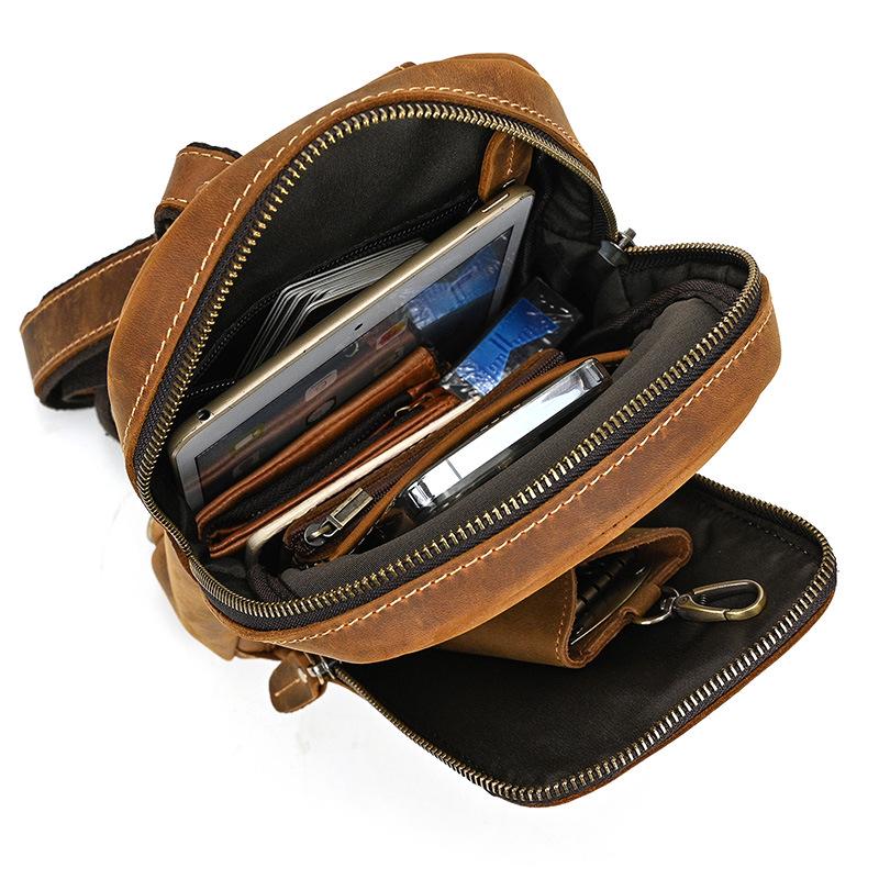 Crazy Horse Leather Chest Bag - Men's Casual Cowhide Crossbody & Shoulder Bag for Commuting & Outdoor Activities