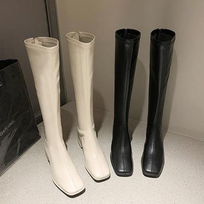 Women's High-heeled Casual White Knight Boots Square Toe Square Heel Rear Zipper Women Shoes Black Fashion Knee-High Long Boots