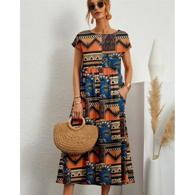 Cotton Linen Floral Print Summer Dress With Round Neck For Women