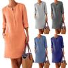 Women Long Sleeve Cotton Linen Dress Large Size Round Neck Solid Color Casual Comfortable