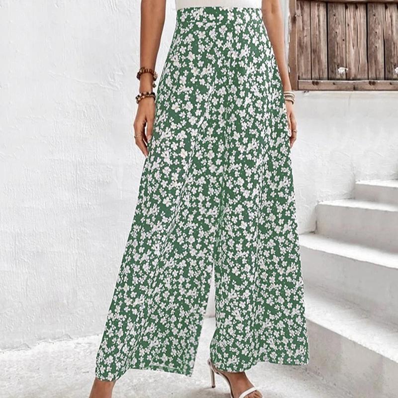 Women Summer Casual High Waist Floral Print Wide Leg Pants