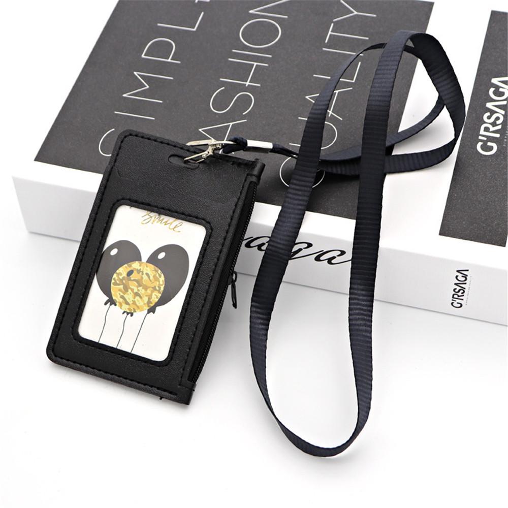 Simple Student Kids Lanyard Card Holder Slim Wallet Boys Pu Id Certificate Bus Door Credit Card Bag for Girls Zipper Coin Purses