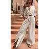 Women's Fashion Casual Spring Autumn Solid Color Print Long Sleeve V-Neck Trousers Pants Suits