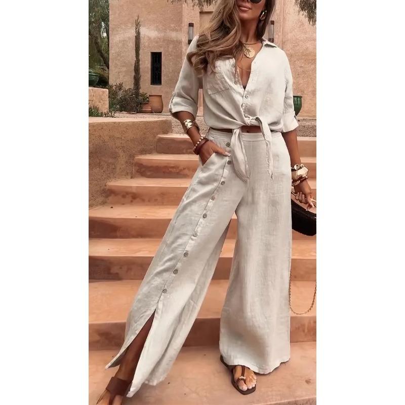 Women's Fashion Casual Spring Autumn Solid Color Print Long Sleeve V-Neck Trousers Pants Suits