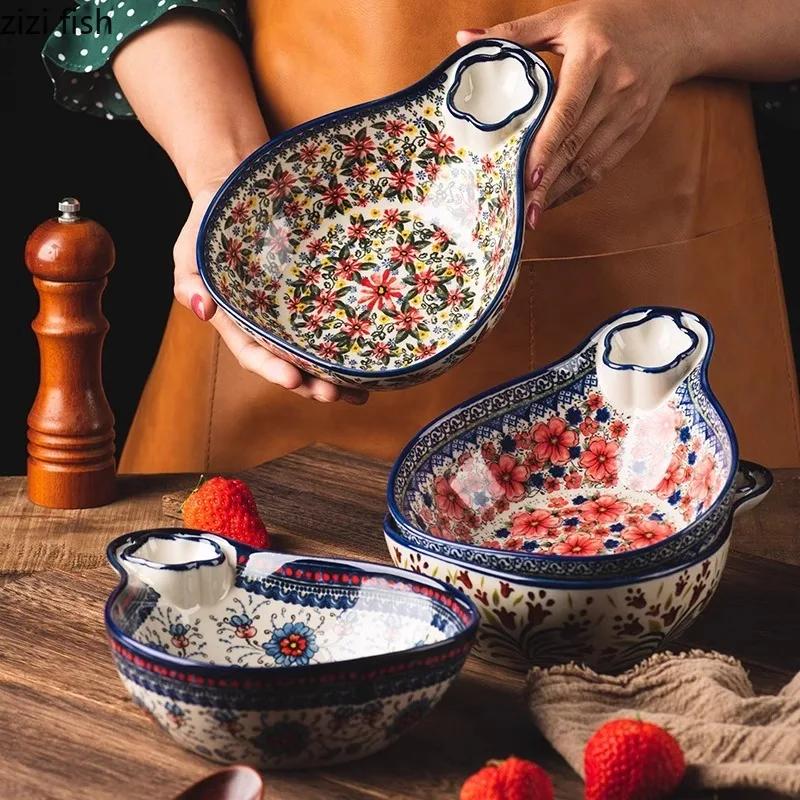 Vintage Floral Ceramic Plate Dumpling Plate with Vinegar Dish Vegetable Salad Bowl Fruit Bowl Snack Plate Ceramic Tableware