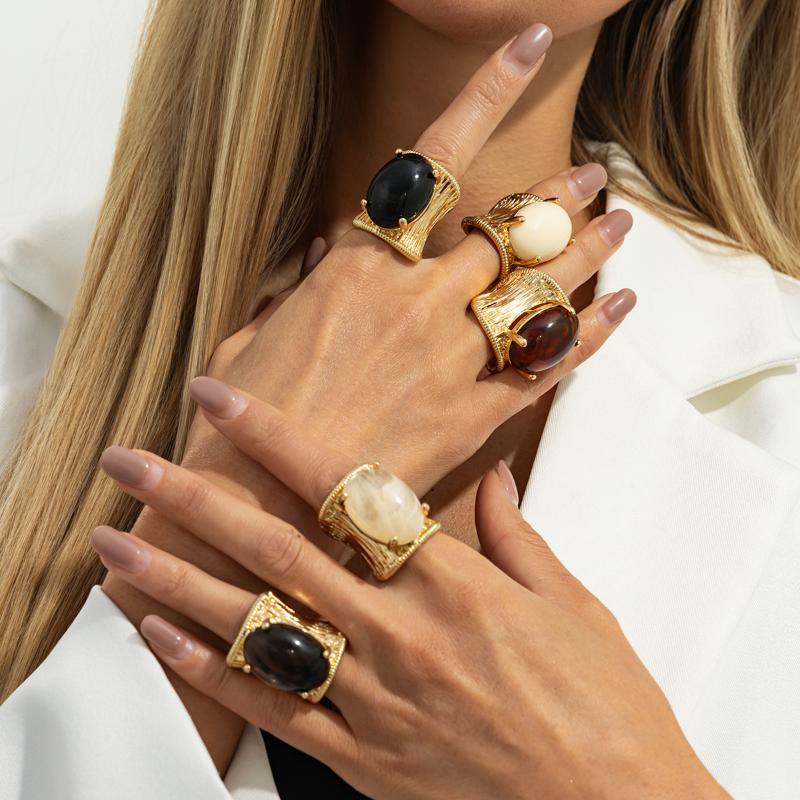 Vintage Großer Metallring mit Schwarzbraun schattiertem Harzstein, Rock Punk Hip Hop Stil Eleganter Schmuck für Damen Mädchen