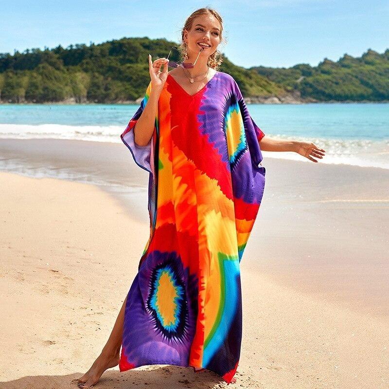 Kaftan Beach Dress Rayon Women Boho Colorful Printed Plus Size Maxi Summer Bathing Suit Cover Up