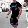 Men's 3D Printed T-Shirt and Drawstring Shorts Set - Miami No. 3 Print, Casual and Outdoor Sports Two-Piece Outfit
