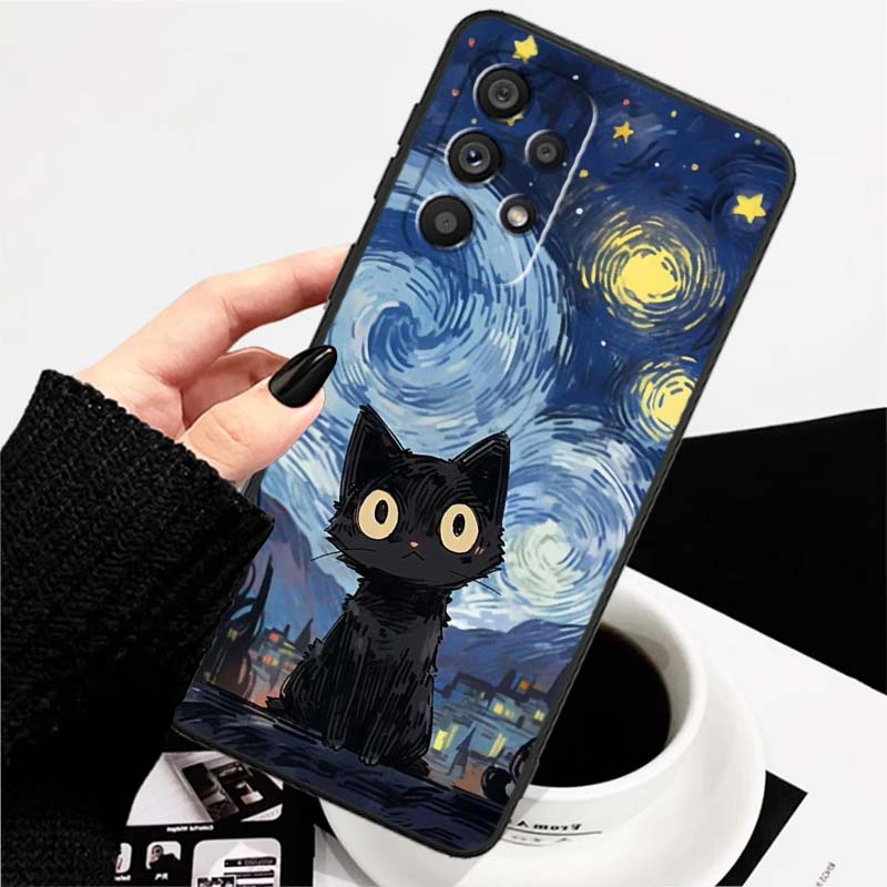 Cute Cartoon Cat Illustration Phone Case For Samsung A73 A72 A71 A55 A54 A53 A52 A51 A13 A22 A16 A15 A12 A14 A26 A07 5G Black