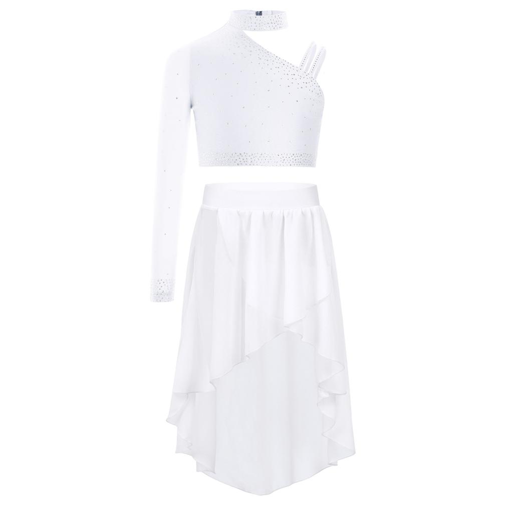Girls Dance Set Sparkly Rhinestones Tops Unique Irregular Shoulder Crop Top High Low Chiffon Skirt