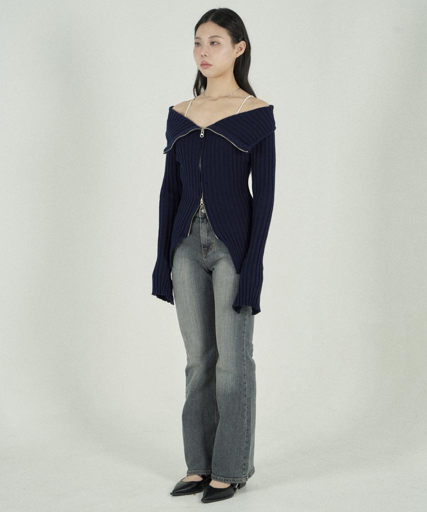 Tobaseu Off-Shoulder Two-Way Zip-Up Rib Knit (Navy)