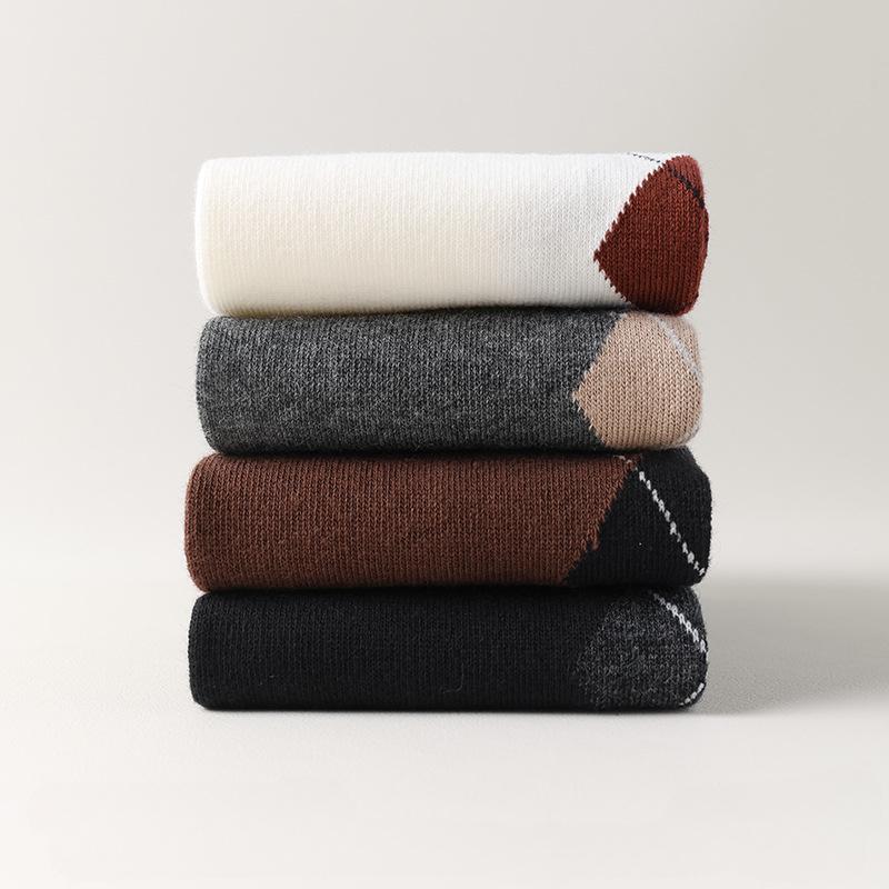 Fall/Winter Rhombic High Socks Jacquard Stockings Cotton Socks College Wind Girls Pile Socks Gray JK Retro Calf Socks