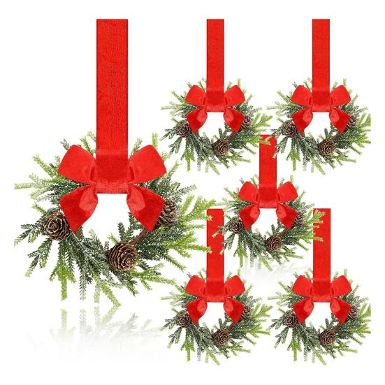 Mini Christmas Wreath with Red Velvet Bow Cabinet Door Decor for Kitchen Window Farmhouse Front Door Wall Fireplace Berry Garland