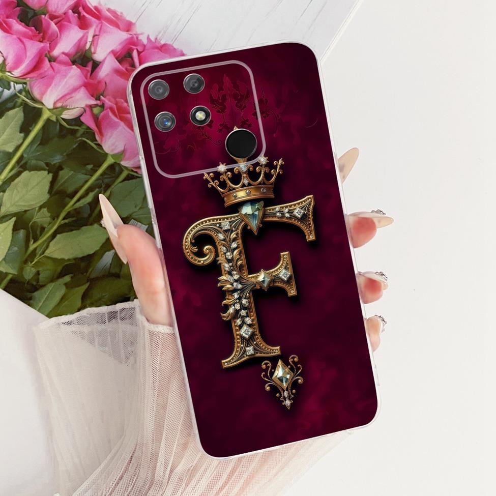 Transparent For Realme Narzo 50A Case RMX3430 Luxury Crown A-Z Letters 2D Flat Pattern Soft Casing For Real me Narzo 50A Cover
