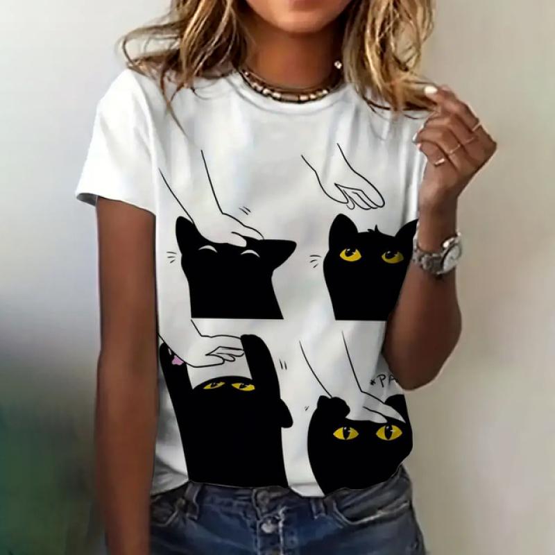 Tricou Îmbrăcăminte pentru femei Pisica Imprimată 3D de vară cu decolteu rotund Respirabil mânecă scurtă la modă Casual Top Tricou liber pentru femei