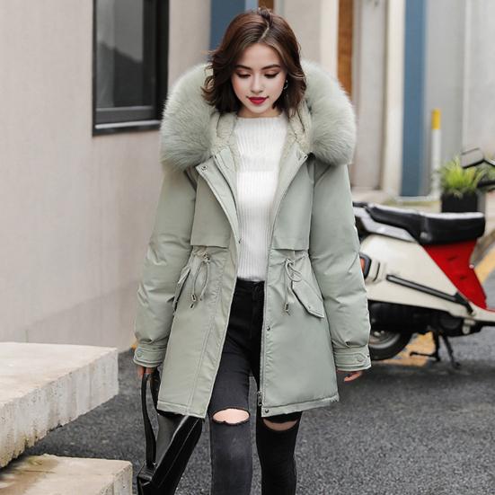 Winter Down Coat Thickened Padded Plush Hood Mid Length Windproof Pockets Long Sleeves Adjustable Drawstring Daily Outwear Cotton Jacket