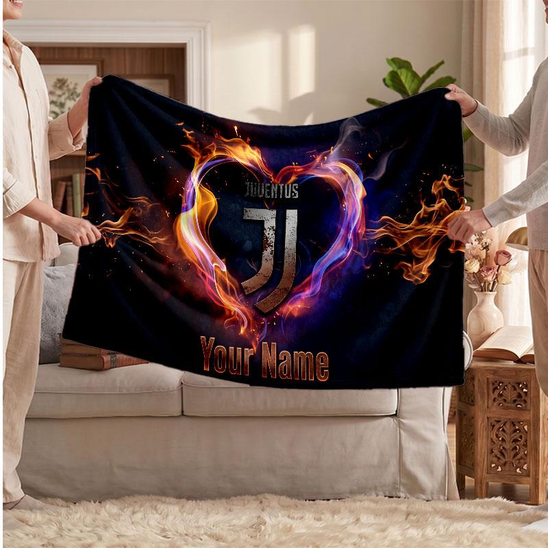 Juventus FC Personalized Fleece Blanket With Football Logo, Custom Name Text Soft Warm Home Throw Blanket