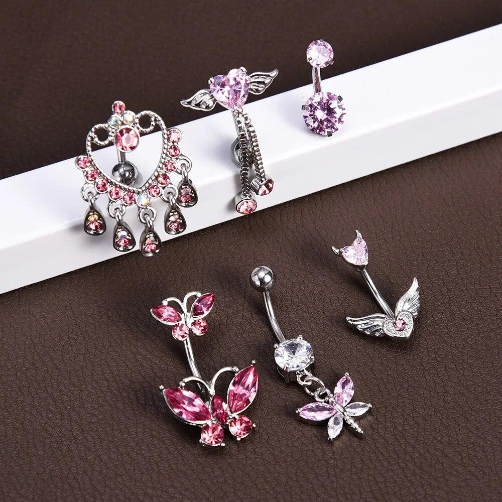 Leuke Roze Kristal Navel Ringen Chirurgisch Staal Navelpiercing Navel Nombril Piercing Buik Ring Sexy Hart Vrouwen Lichaam Sieraden