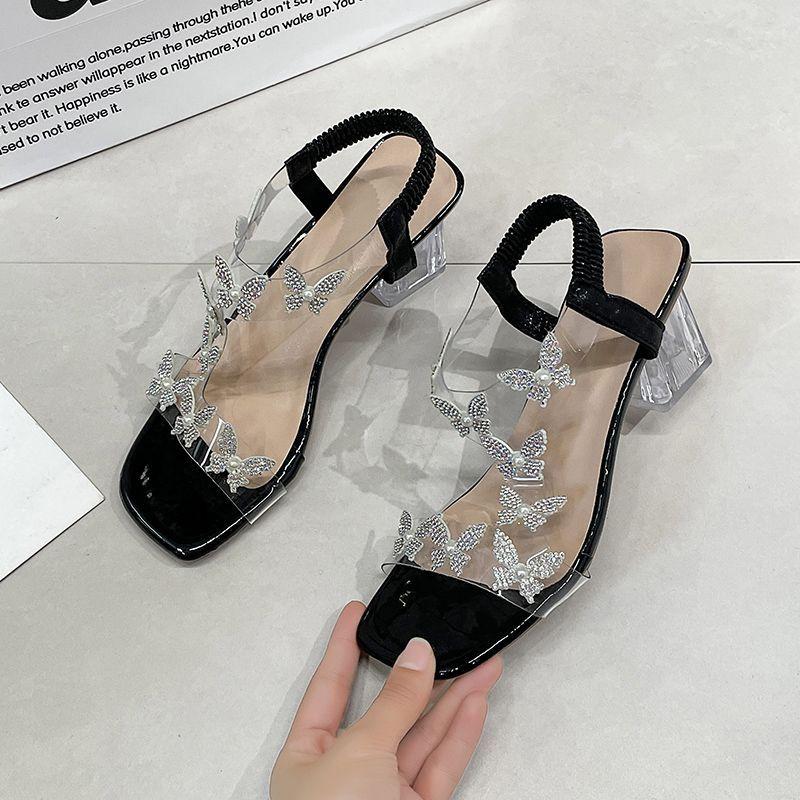 Summer Butterfly Flower Hot Stamping Crystal Transparent Women's Thick High-heeled Sandals Are Fashionable and Versatile, Suitable for Outdoor Wear