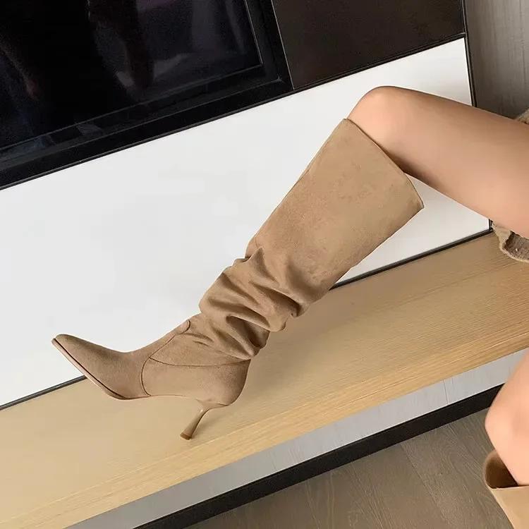 Bottes de Luxe pour Femmes Mode Bout Pointu Talons Fins Hauts Bottines Automne Plissées Cow-boy Bottes Hautes pour Femmes Chaussure Western pour Femme
