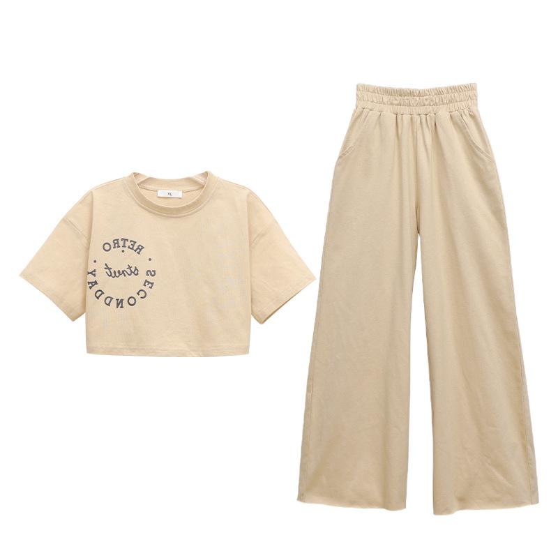 Girls Clothing Summer Suit Casual Letter T-shirt High Waisted Wide Leg Pants 2 Children's Tracksuit Black Teen Clothing