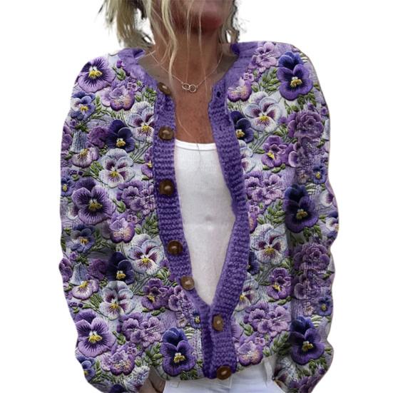 Women Sweater Cardigan Round Neck Long Sleeve 3D Flower Pattern Button Up Knit Jacket Thickened Warm Fall Winter Tops
