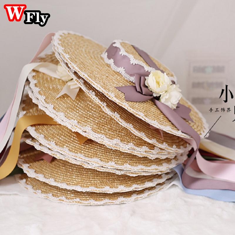 Japanese Women Girls Lolita Sweet Handmade Straw Sun Hat Lace Flower Ribbon Bandage Bowknot Wide Brim Elegant Straw Hats