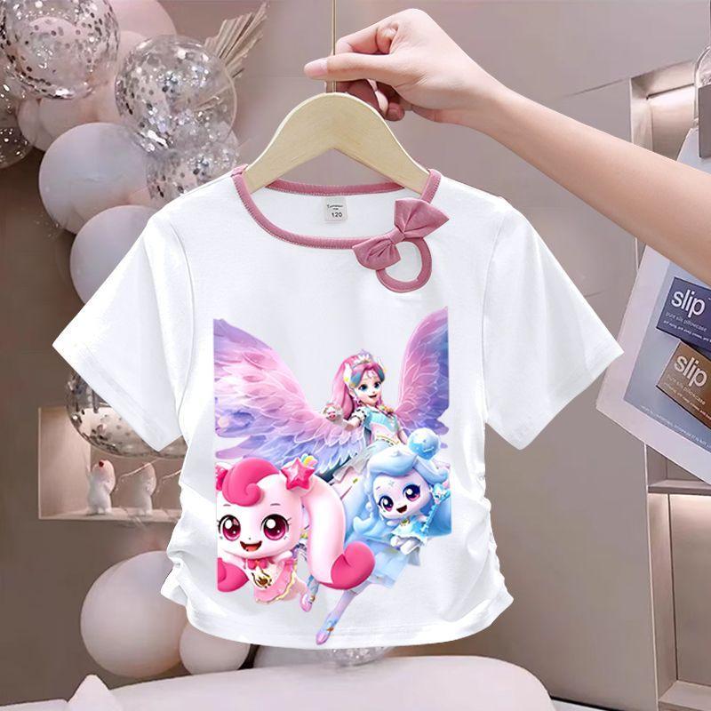 Girls' Cute Bowtie Top for Summer Children's Fashionable Round-neck Short-sleeved Pure Cotton T-shirt