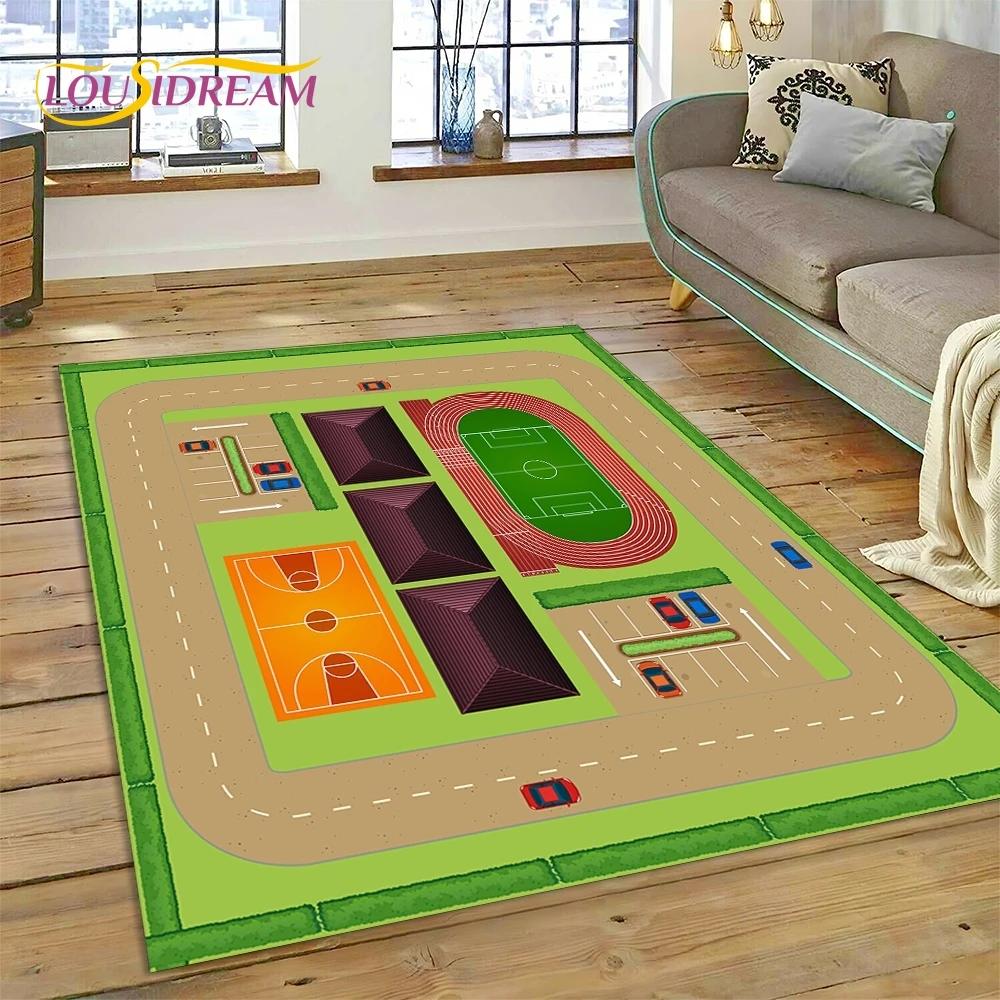 3D Highway Runway Playroom City Traffic Road Map Child PlayMat Rug Carpet for Living Room Bedroom Home Decor,Non-slip for Sofa