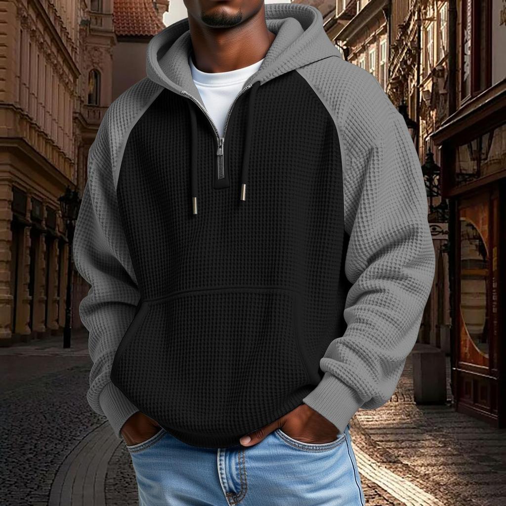 Mens Hoodies Pullover QuarterCasaul Long Sleeve Drawstring Knit Hooded Sweatshirt With Pocket