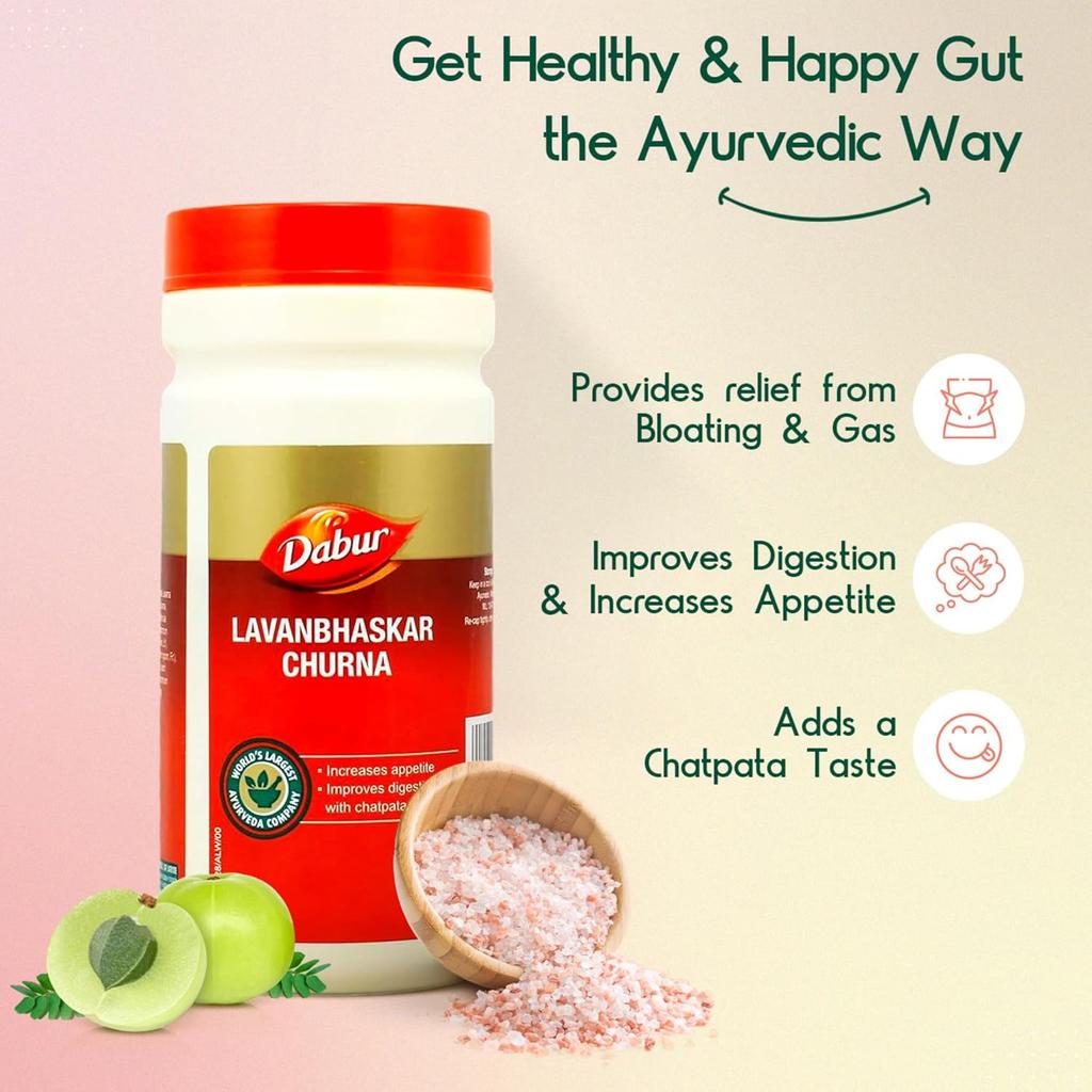 Dabur Lavan Bhaskar Churna 120g Pulver | Unterstützt Appetit, Verdauung, Verdauungsstörungen & Gaslinderung | Traditionelles ayurvedisches Verdauungsergänzungsmittel